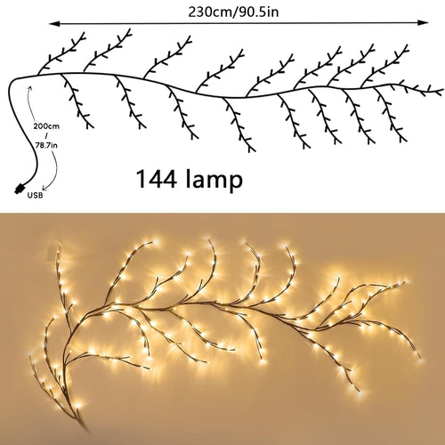 .  🪴 7.55 ft 144 LED USB Flexible Branch Wall Lights – Warm White Indoor Fairy Vine String Lights for Home Decor