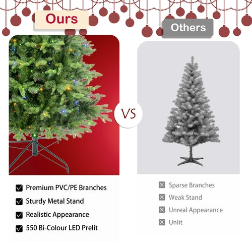🌲 7.5ft Artificial Christmas Tree Prelit PE & PVC With Metal Stand, 550 LED Lights