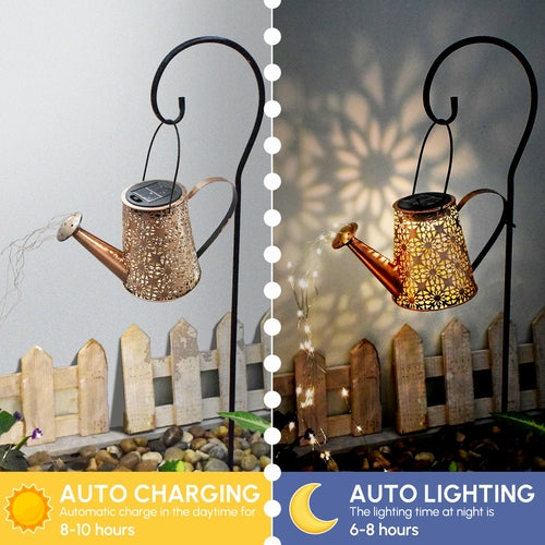 Solar Watering Can Lights Outdoor Garden Decor – Hanging Kettle Lantern with 36 LED String Lights by Pink Iolaus